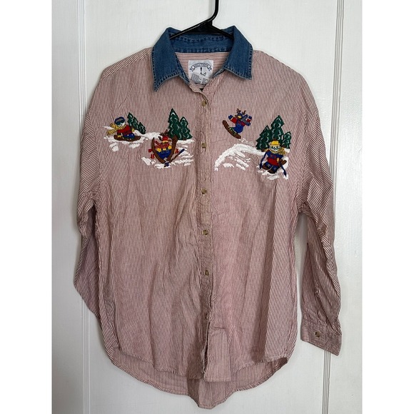Solutions Original Tops - VTG Solutions Original Size M Striped Embroidered Skiing Animals Button Up Shirt